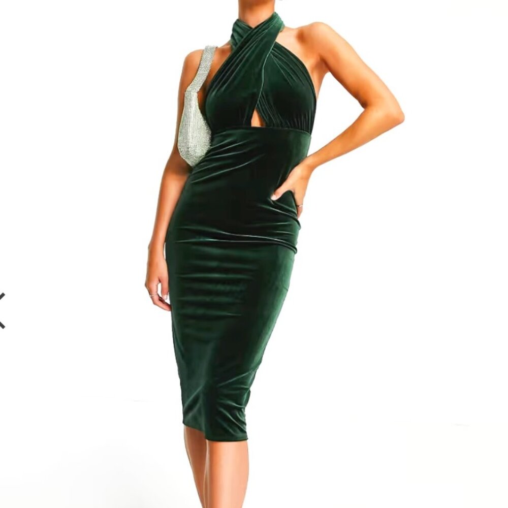 NWT ASOS DESIGN velvet halter cross front midi dress in khaki/green